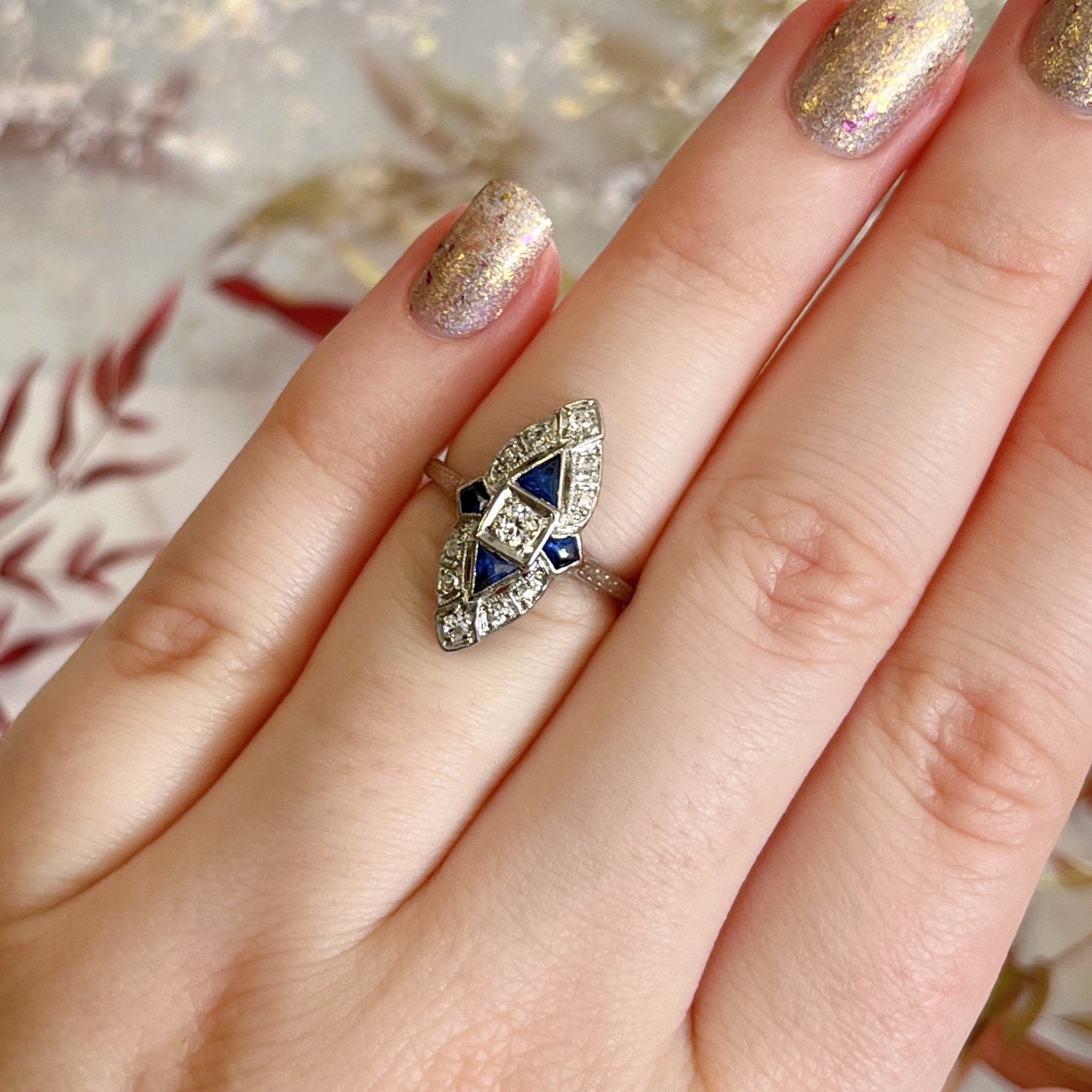 Art Deco Platinum, Diamond, and Sapphire Navette Ring - Clover Collective Antiques