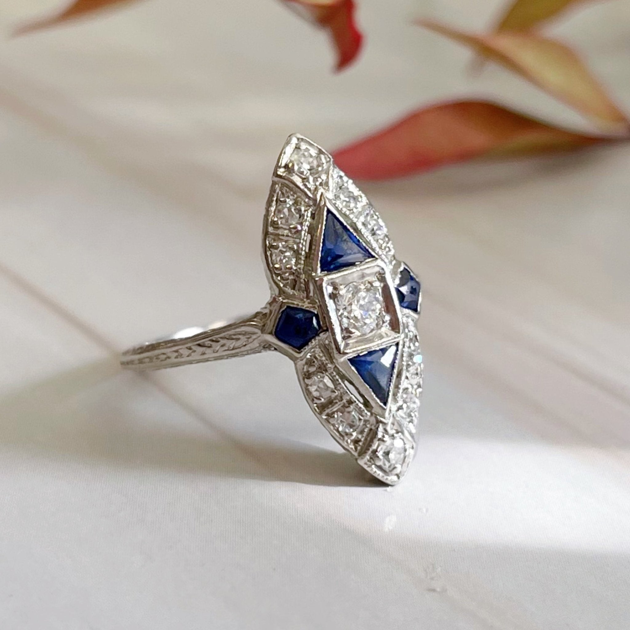 Art Deco Platinum, Diamond, and Sapphire Navette Ring - Clover Collective Antiques