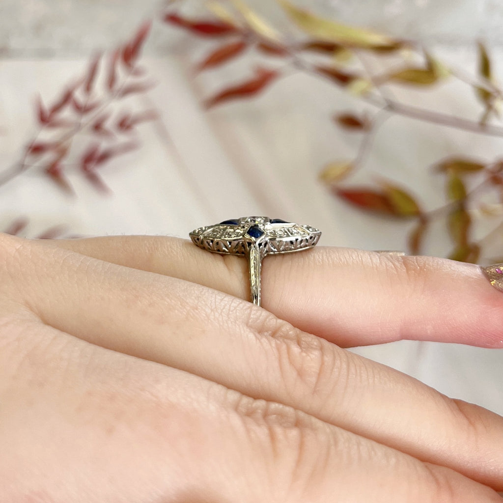 Art Deco Platinum, Diamond, and Sapphire Navette Ring - Clover Collective Antiques