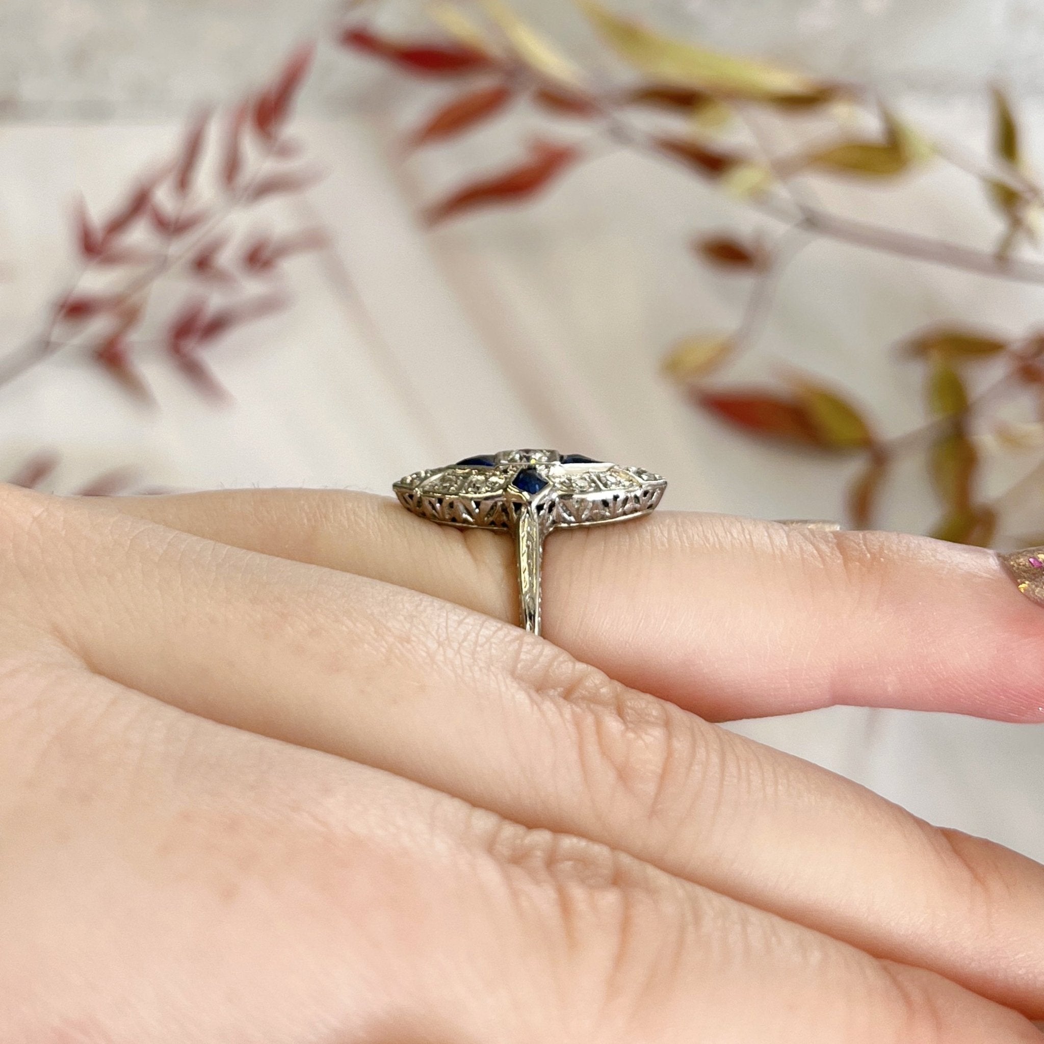 Art Deco Platinum, Diamond, and Sapphire Navette Ring - Clover Collective Antiques