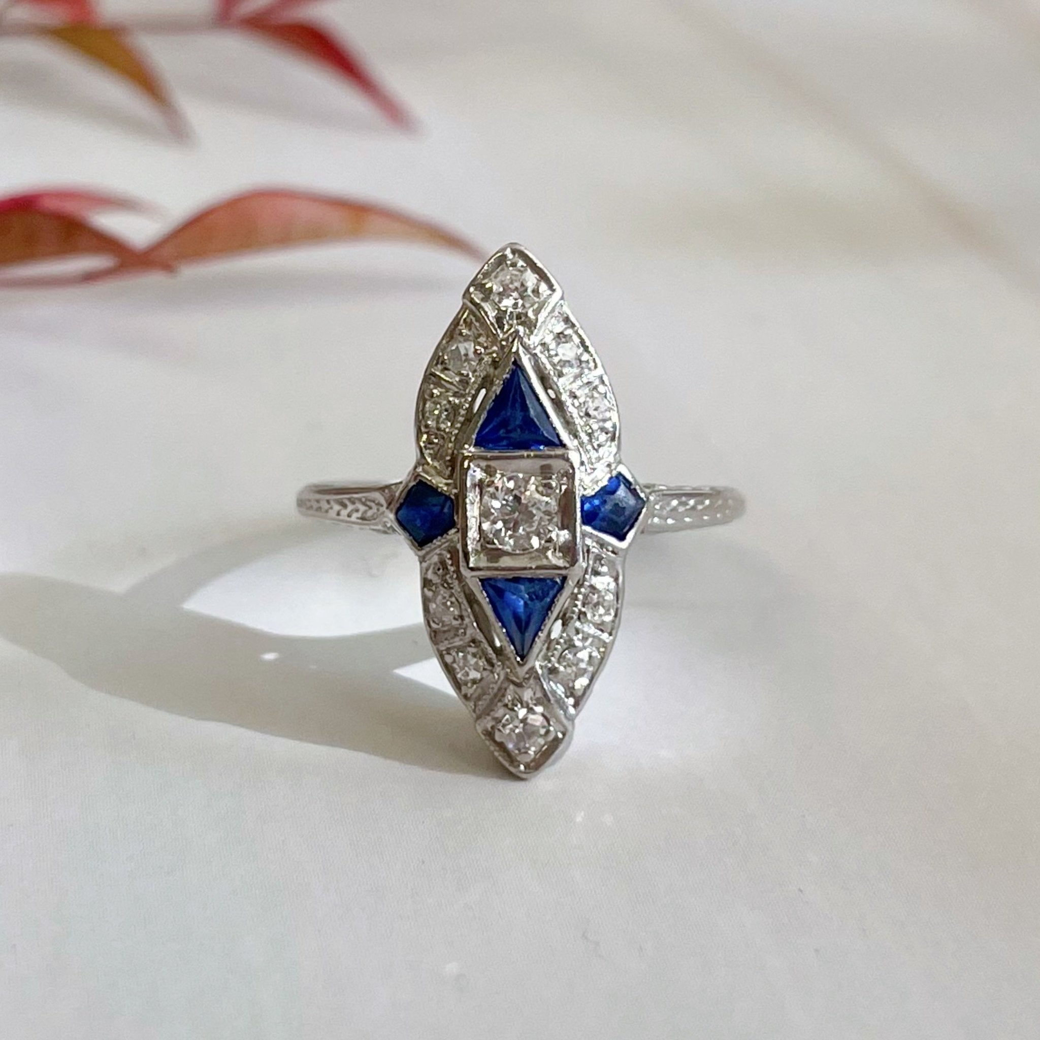 Art Deco Platinum, Diamond, and Sapphire Navette Ring - Clover Collective Antiques