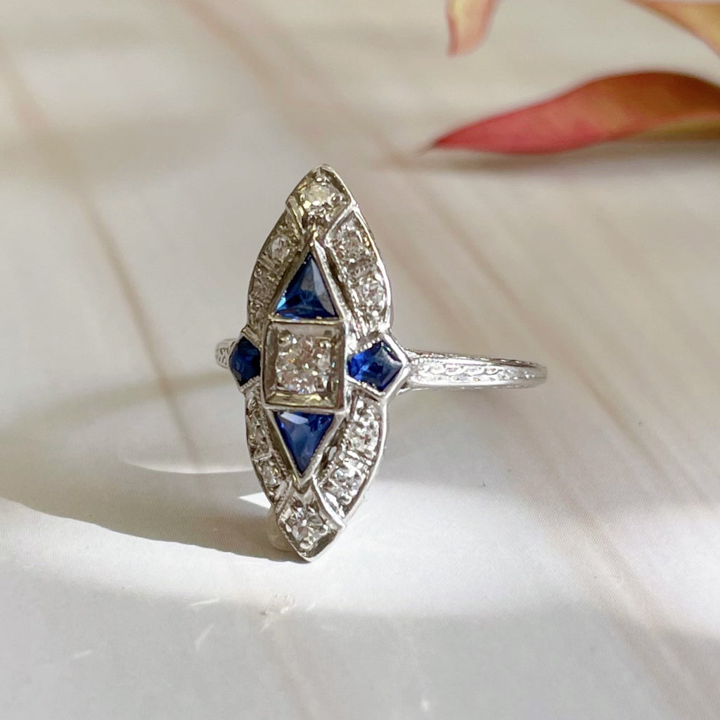 Art Deco Platinum, Diamond, and Sapphire Navette Ring - Clover Collective Antiques