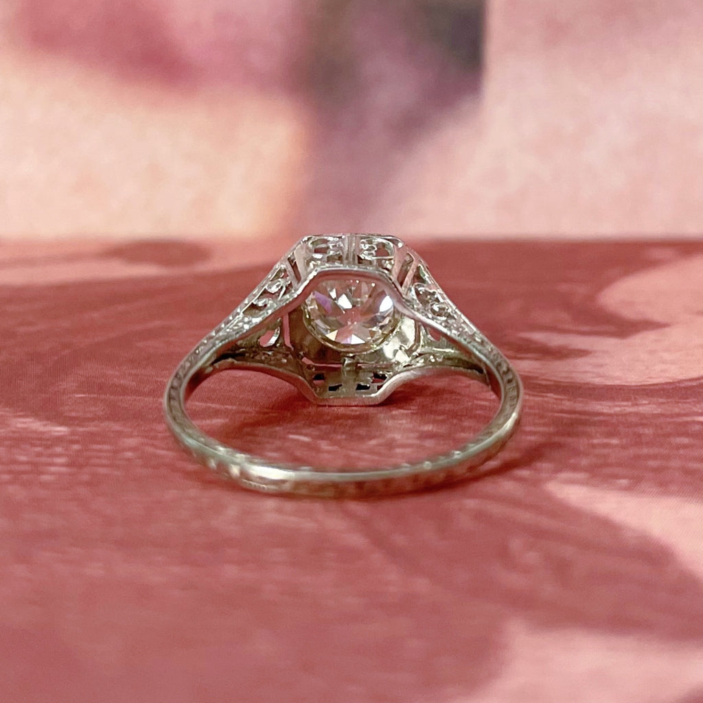 Art Deco Platinum GIA 0.89 Carat Diamond Filigree Ring - Clover Collective Antiques