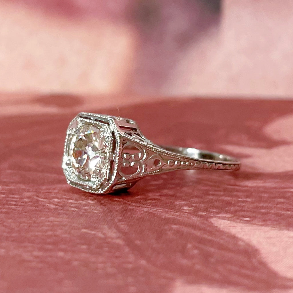 Art Deco Platinum GIA 0.89 Carat Diamond Filigree Ring - Clover Collective Antiques