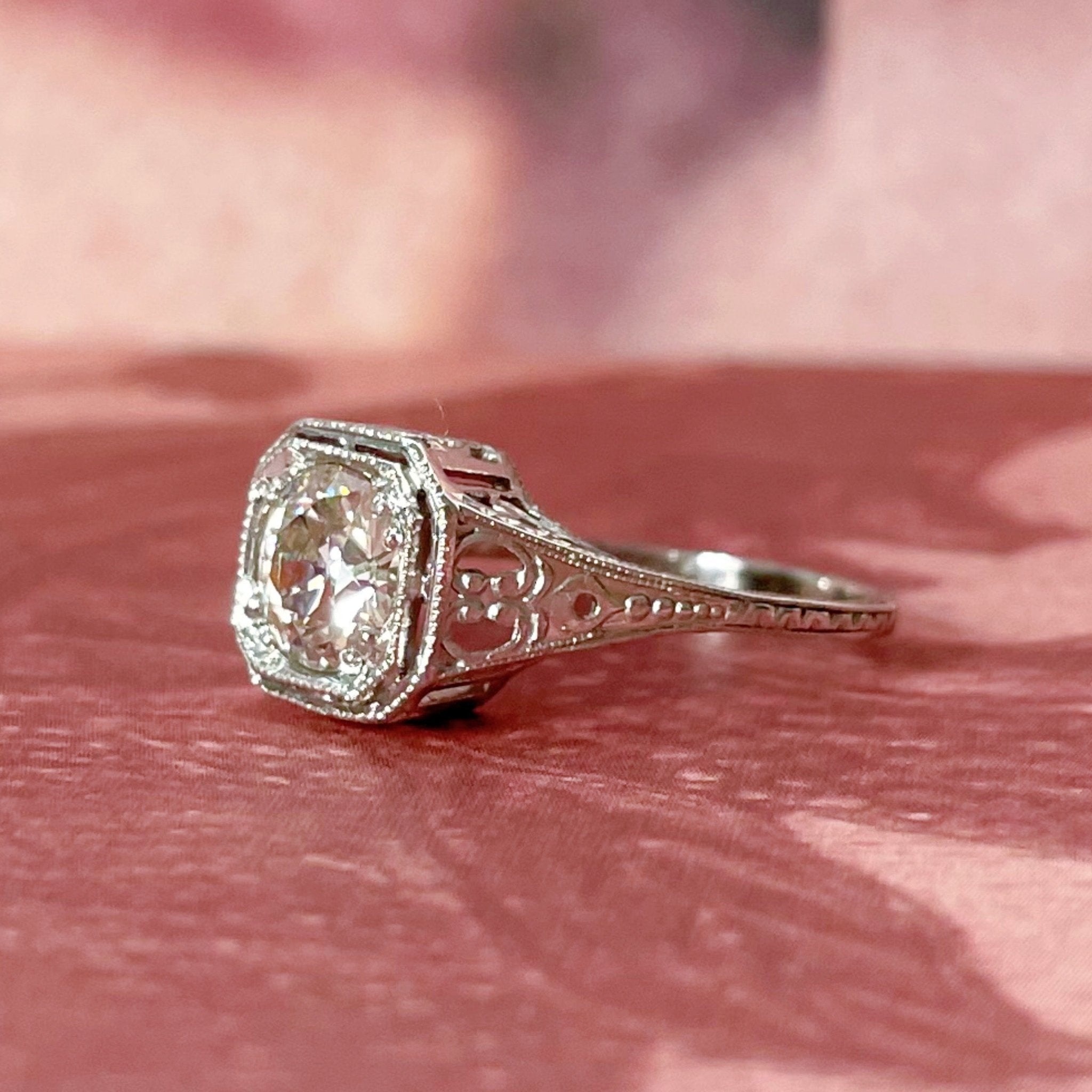 Art Deco Platinum GIA 0.89 Carat Diamond Filigree Ring - Clover Collective Antiques