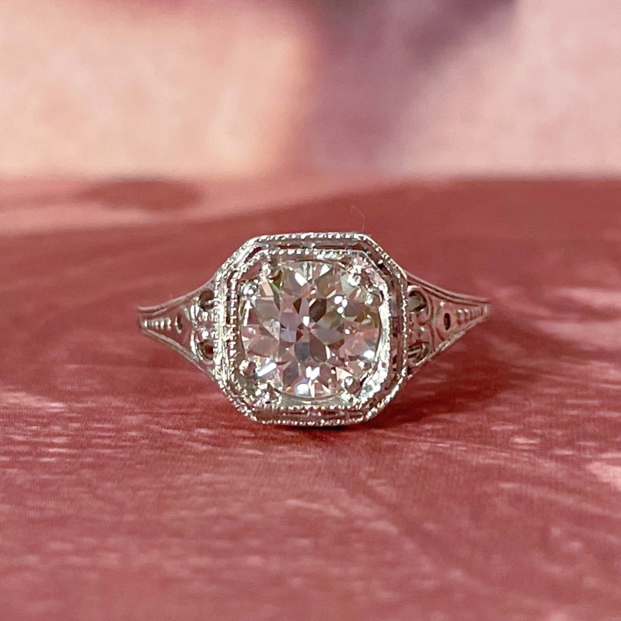 Art Deco Platinum GIA 0.89 Carat Diamond Filigree Ring - Clover Collective Antiques