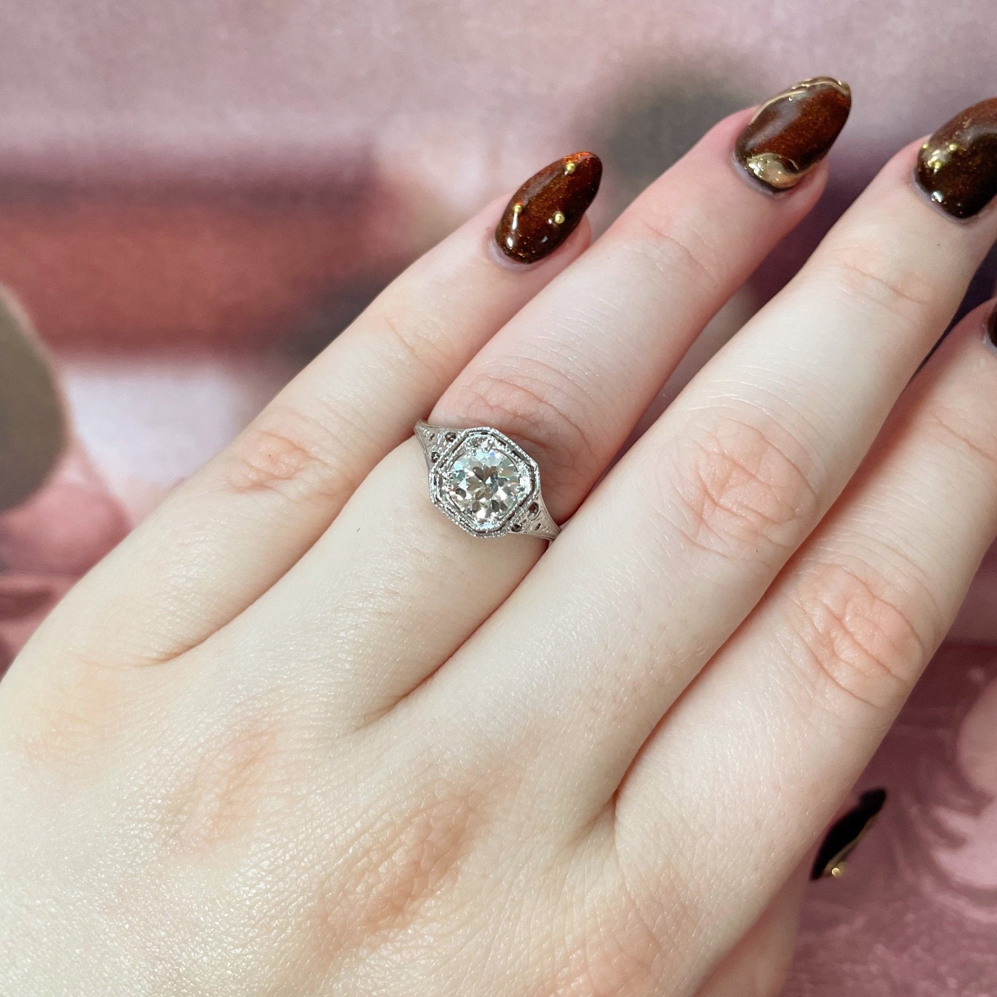 Art Deco Platinum GIA 0.89 Carat Diamond Filigree Ring - Clover Collective Antiques