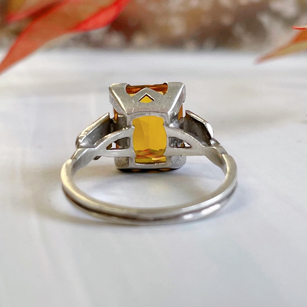 Art Deco Sterling Silver and Yellowish Orange Glass Solitaire Ring - Clover Collective Antiques