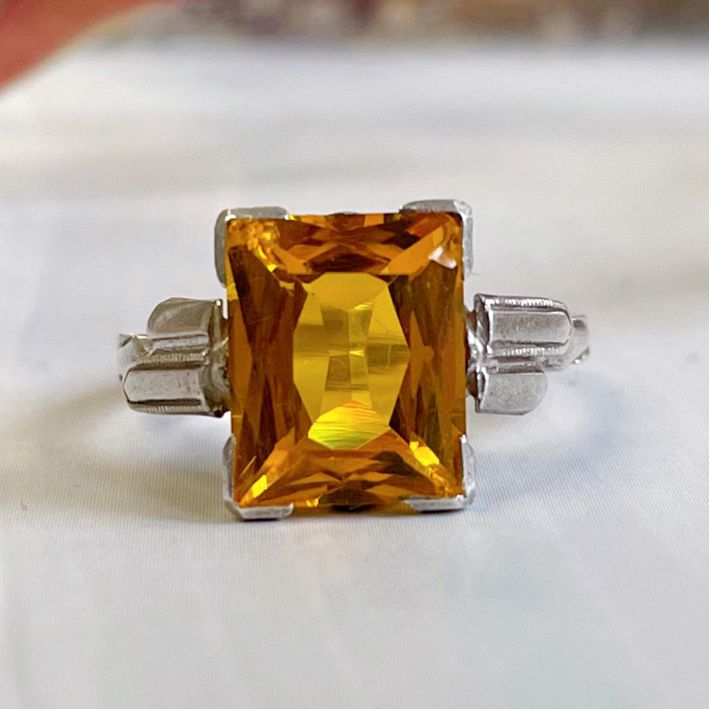 Art Deco Sterling Silver and Yellowish Orange Glass Solitaire Ring - Clover Collective Antiques