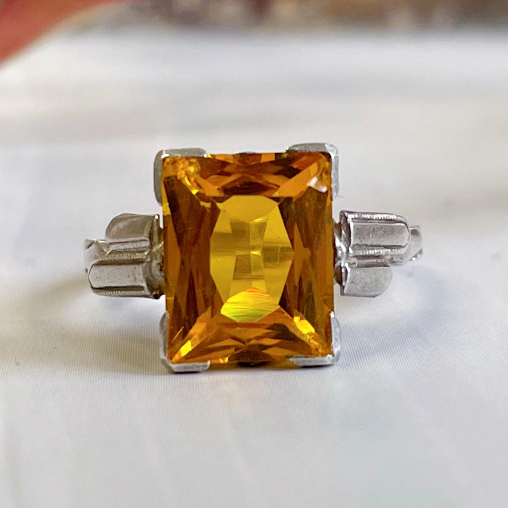 Art Deco Sterling Silver and Yellowish Orange Glass Solitaire Ring - Clover Collective Antiques