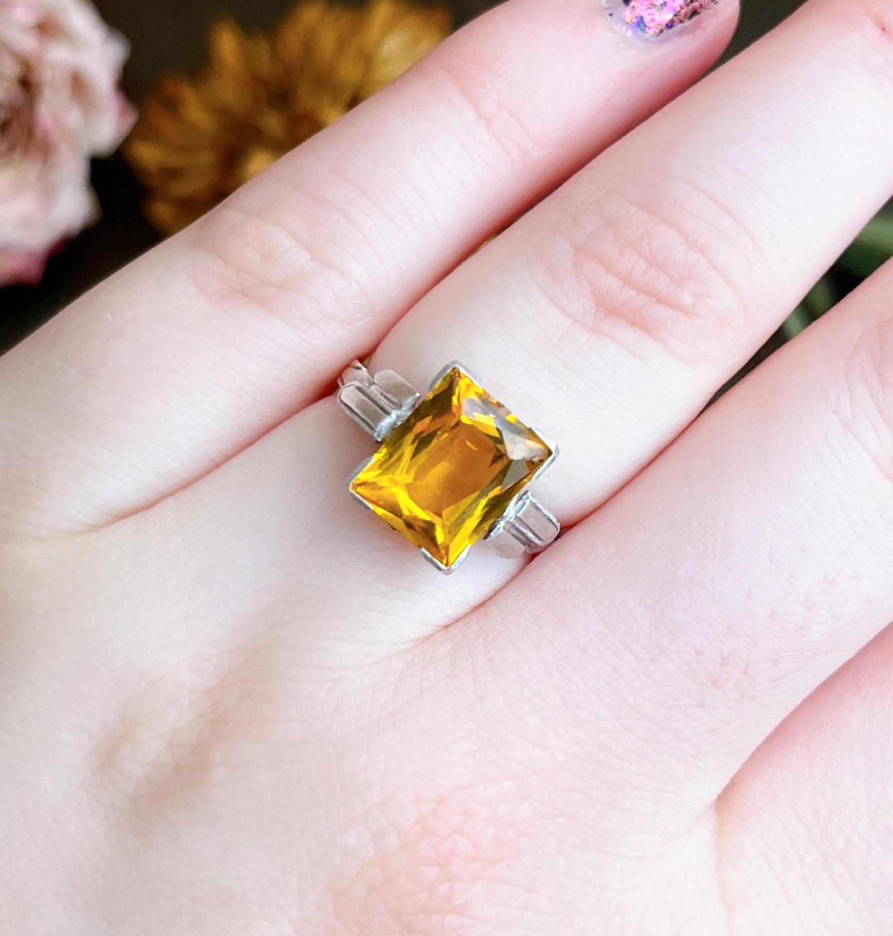 Art Deco Sterling Silver and Yellowish Orange Glass Solitaire Ring - Clover Collective Antiques