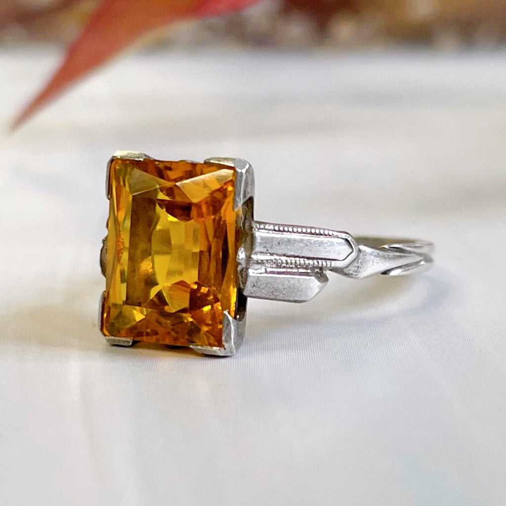 Art Deco Sterling Silver and Yellowish Orange Glass Solitaire Ring - Clover Collective Antiques