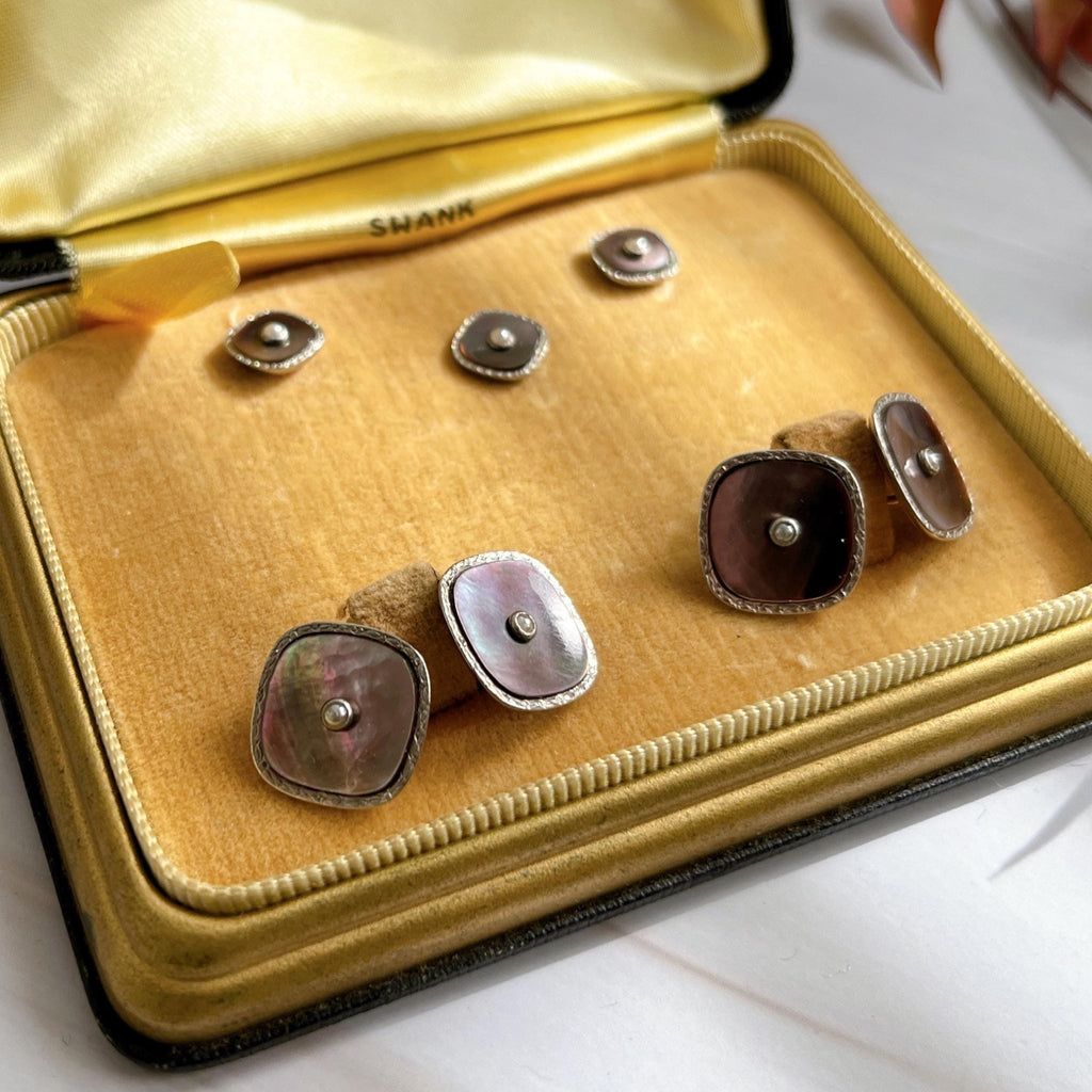 Art Deco Swank Gold - Plate, Abalone Shell, and Pearl Cufflinks With Original Box - Clover Collective Antiques
