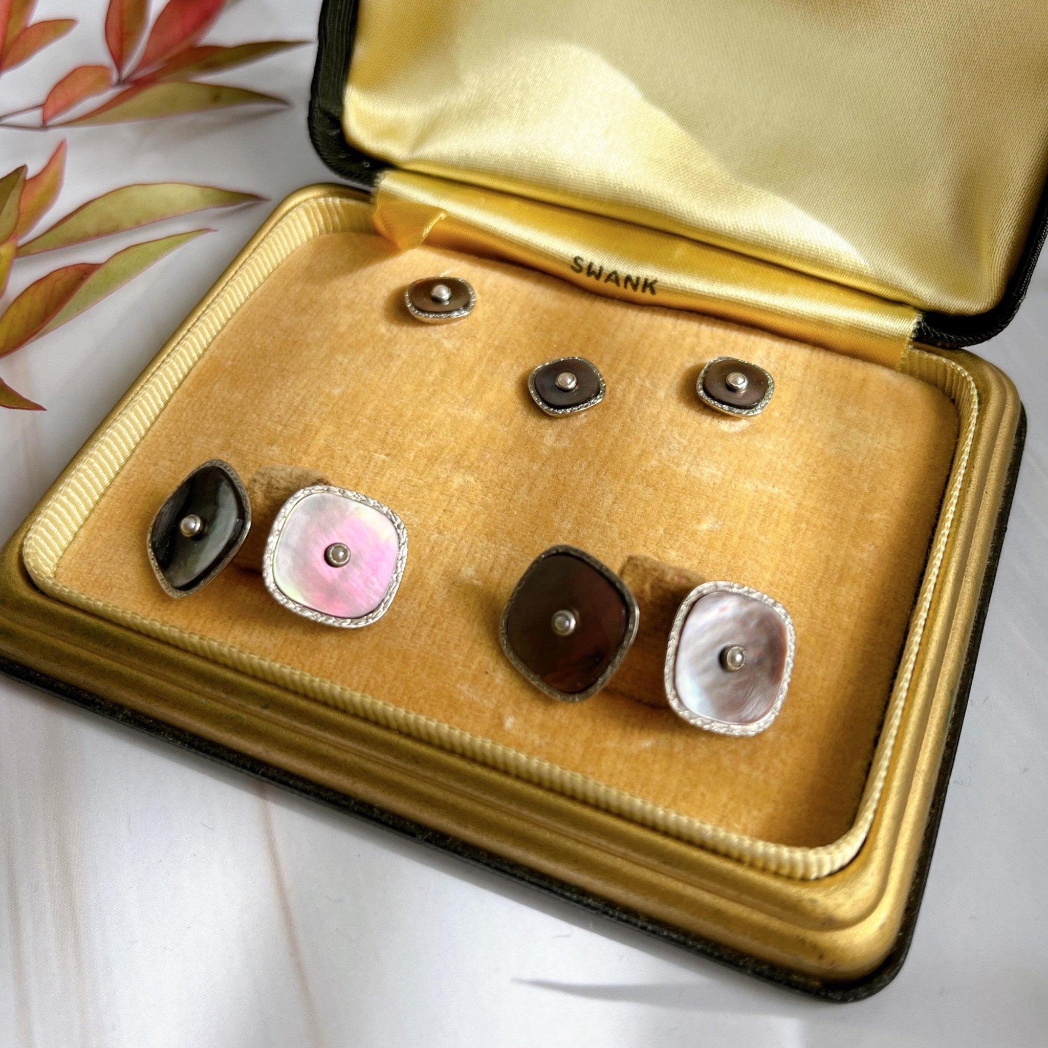 Art Deco Swank Gold - Plate, Abalone Shell, and Pearl Cufflinks With Original Box - Clover Collective Antiques