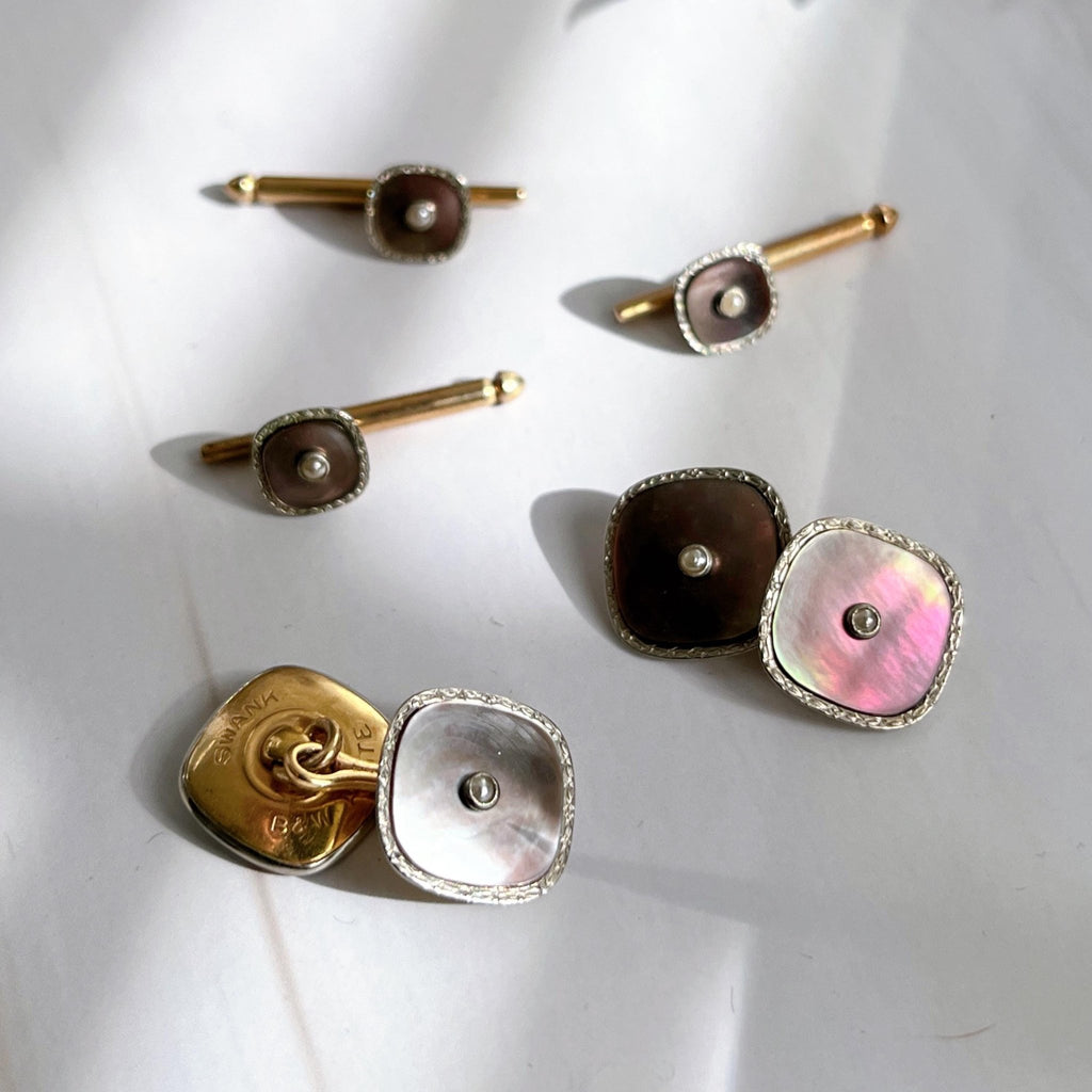 Art Deco Swank Gold - Plate, Abalone Shell, and Pearl Cufflinks With Original Box - Clover Collective Antiques