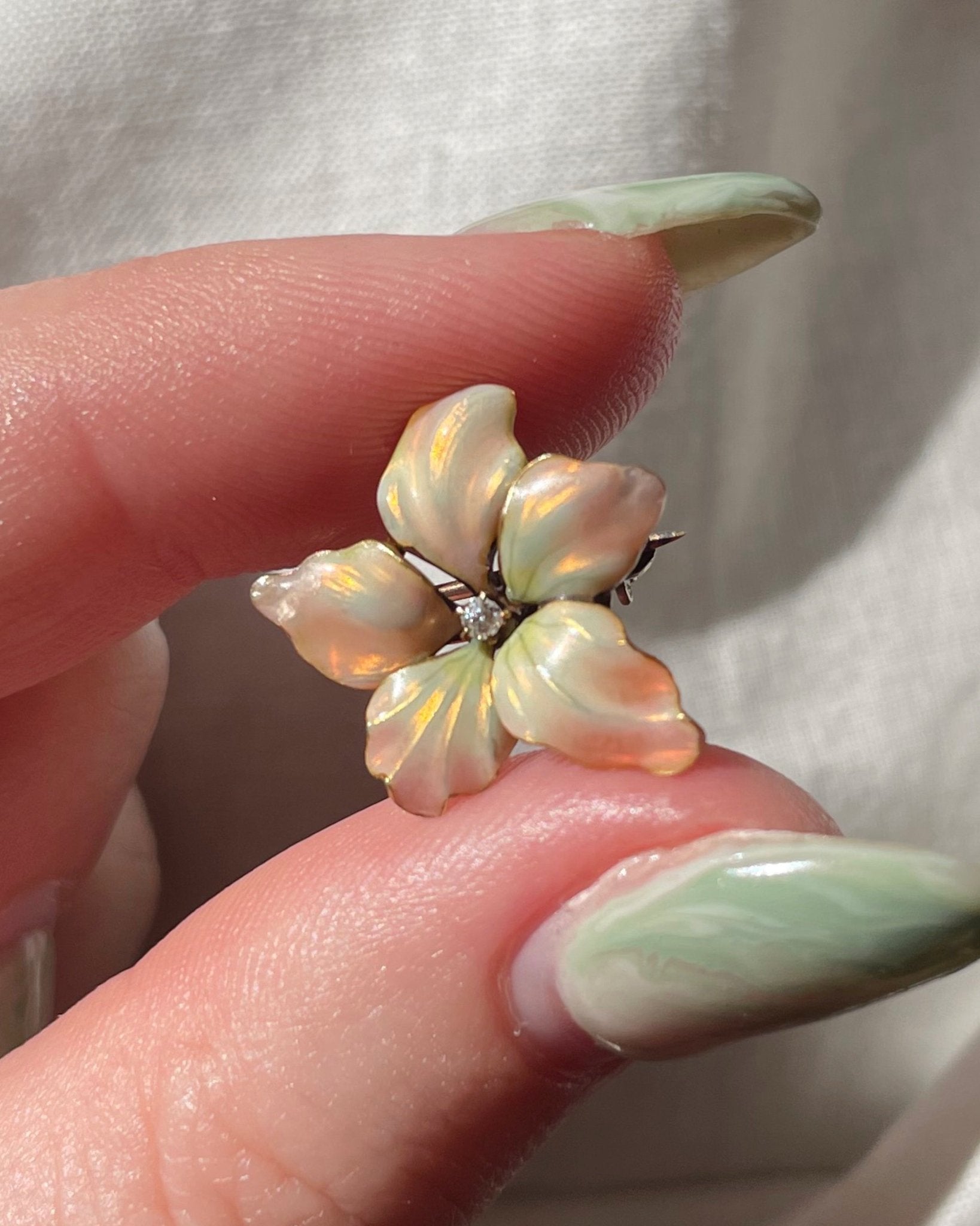 Art Nouveau 14k Yellow Gold, Diamond, and Enamel Flower Pin - Clover Collective Antiques