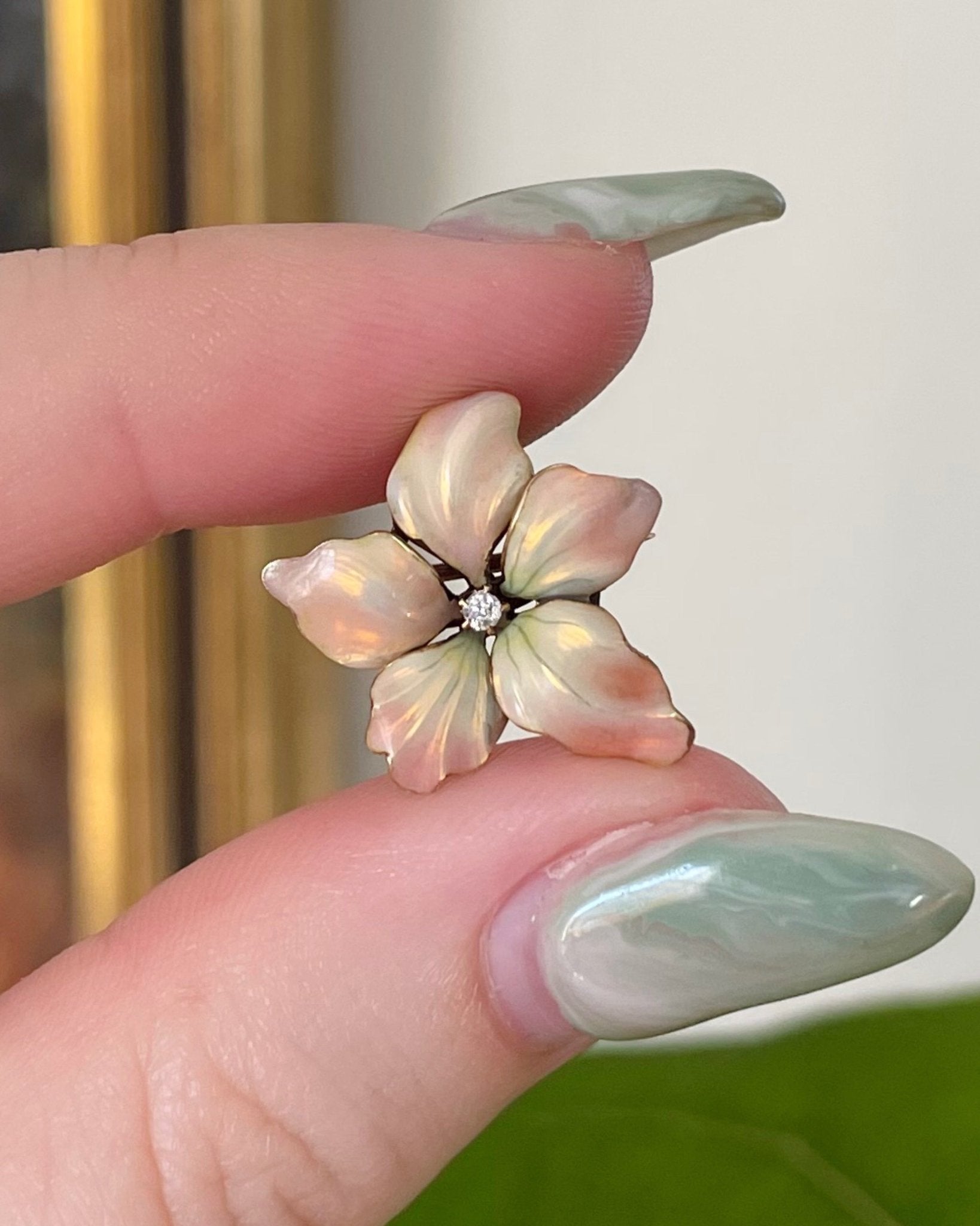 Art Nouveau 14k Yellow Gold, Diamond, and Enamel Flower Pin - Clover Collective Antiques