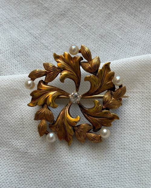 Art Nouveau 14k Yellow Gold, Diamond, and Pearl Floral Leaf Brooch - Clover Collective Antiques