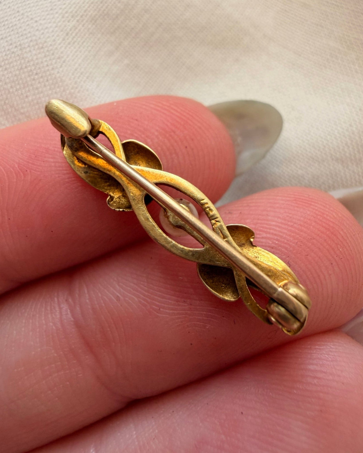 Art Nouveau 14k Yellow Gold, Pearl, and Enamel Pin Brooch - Clover Collective Antiques