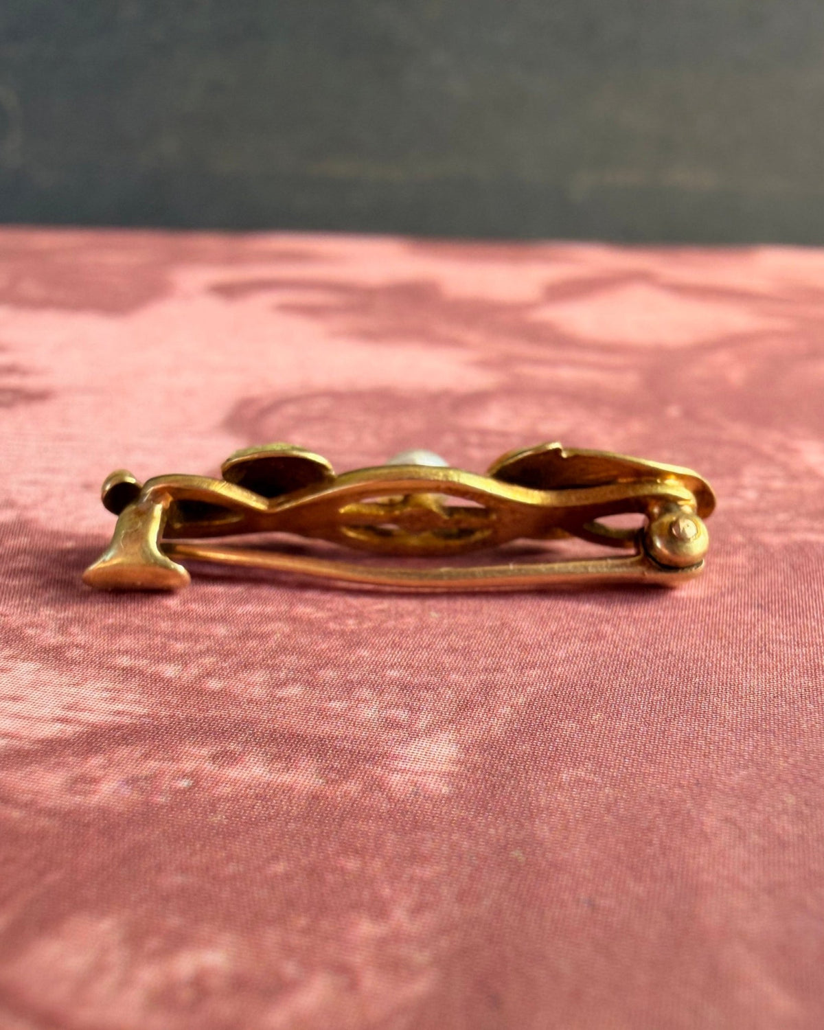 Art Nouveau 14k Yellow Gold, Pearl, and Enamel Pin Brooch - Clover Collective Antiques