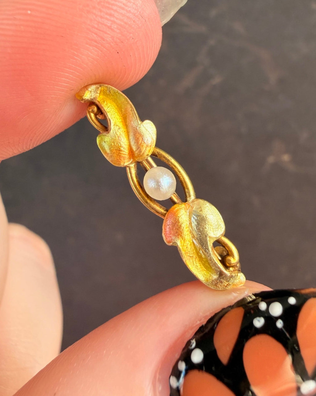 Art Nouveau 14k Yellow Gold, Pearl, and Enamel Pin Brooch - Clover Collective Antiques