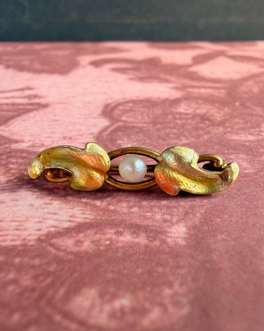 Art Nouveau 14k Yellow Gold, Pearl, and Enamel Pin Brooch - Clover Collective Antiques