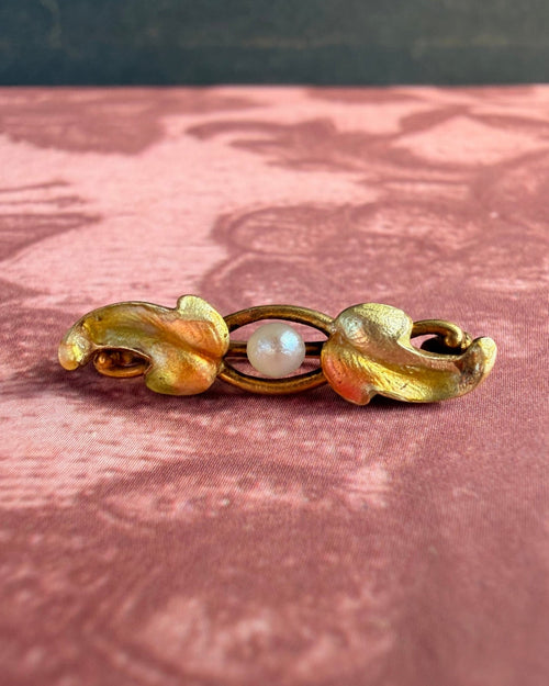 Art Nouveau 14k Yellow Gold, Pearl, and Enamel Pin Brooch - Clover Collective Antiques