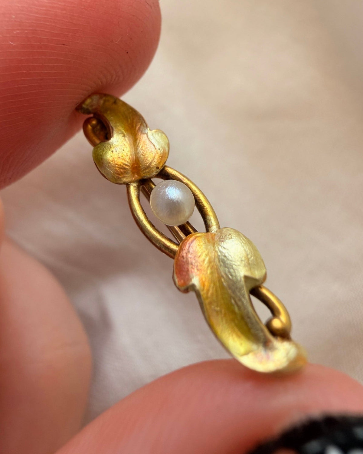 Art Nouveau 14k Yellow Gold, Pearl, and Enamel Pin Brooch - Clover Collective Antiques