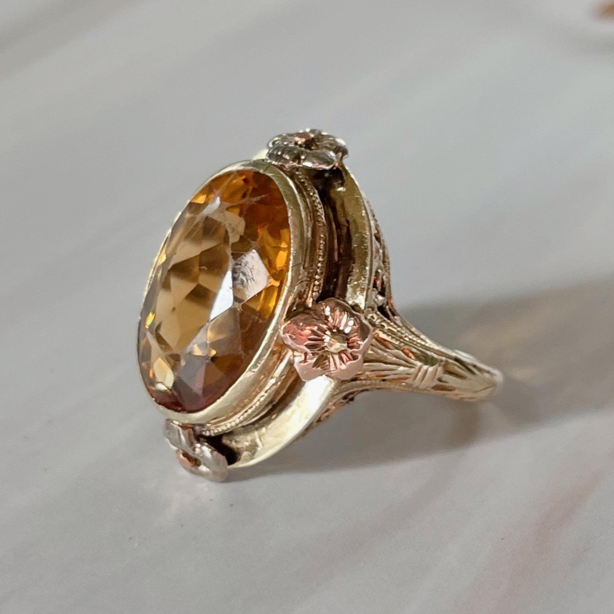 Arts & Crafts 14k Yellow Gold and Citrine Filigree Ring - Clover Collective Antiques