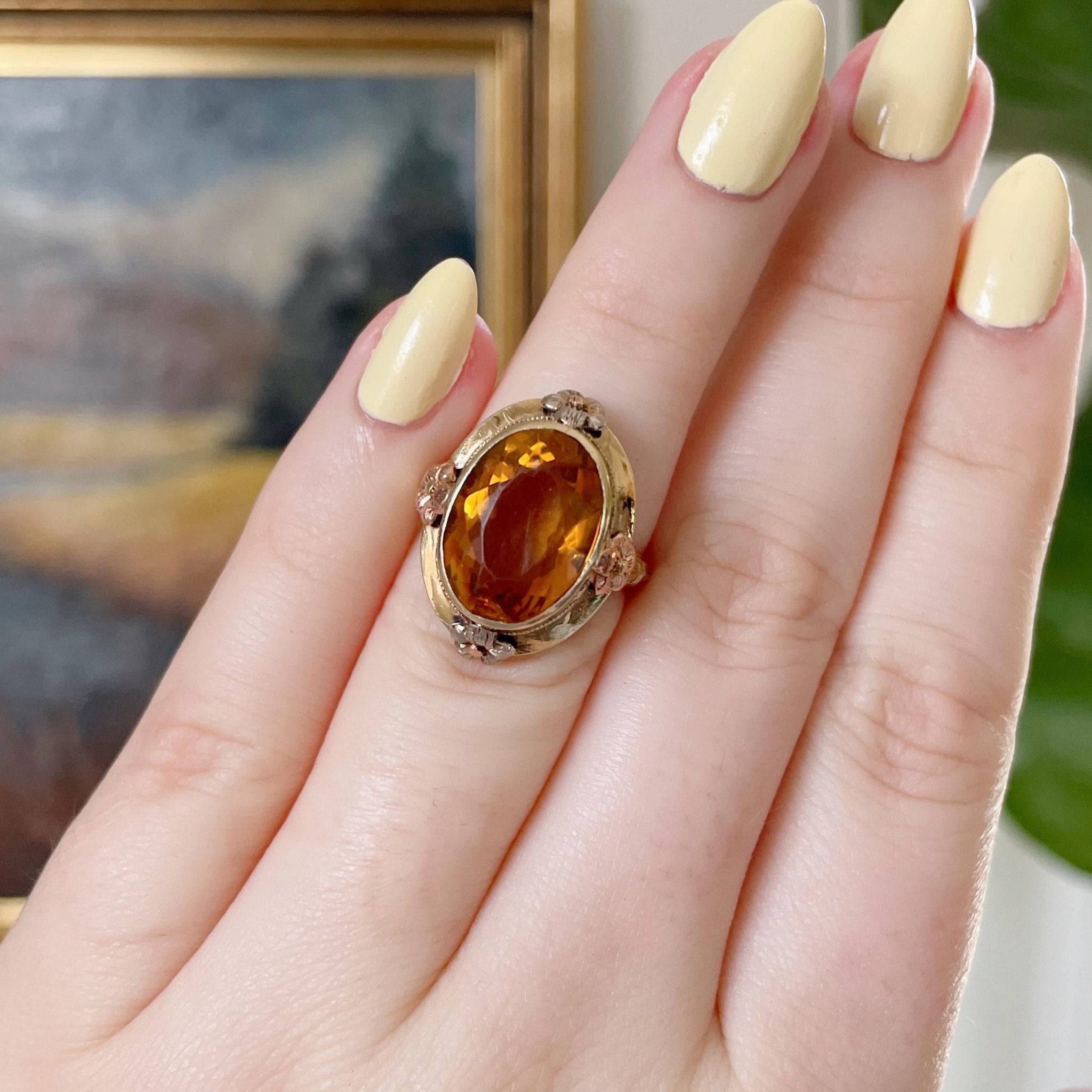 Arts & Crafts 14k Yellow Gold and Citrine Filigree Ring - Clover Collective Antiques