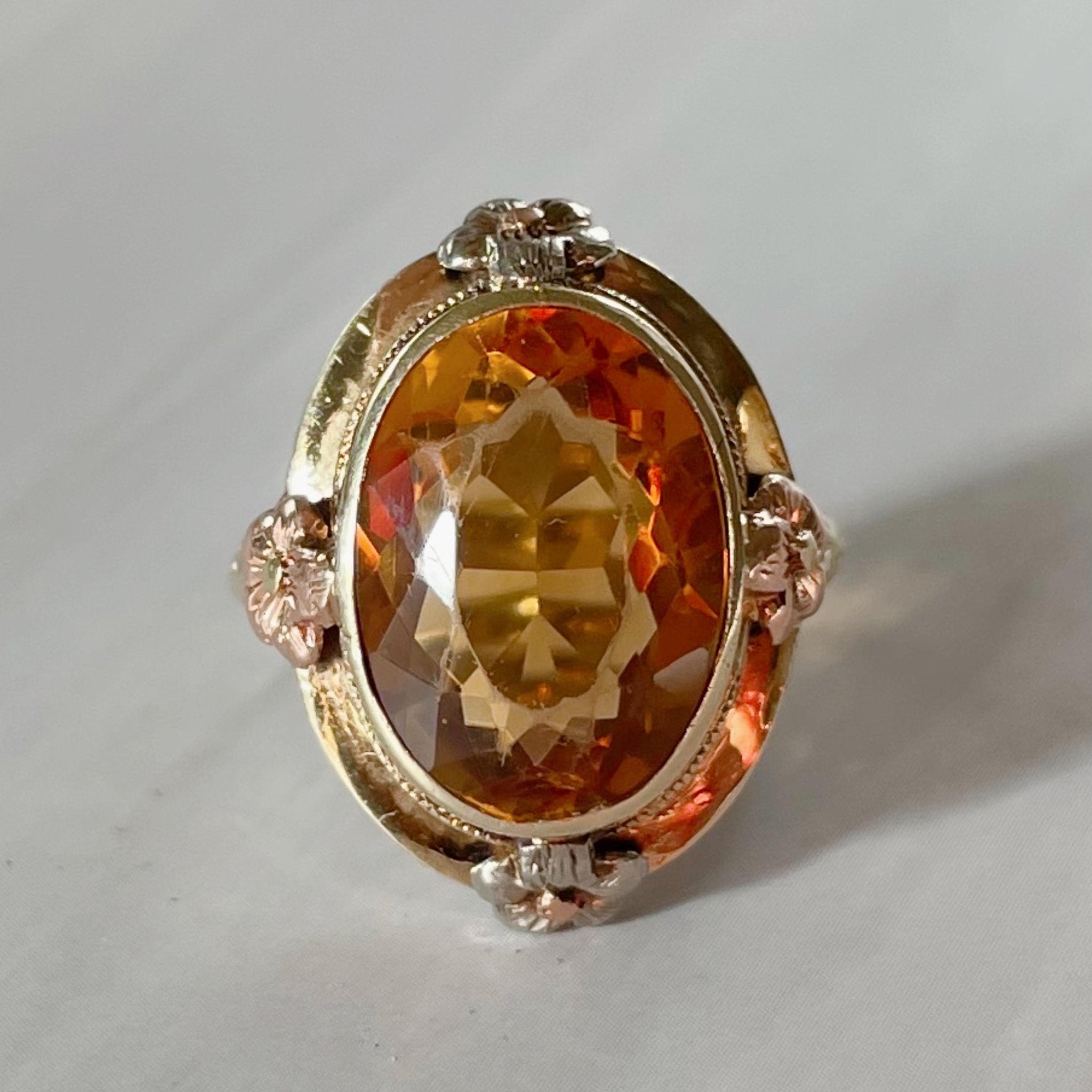 Arts & Crafts 14k Yellow Gold and Citrine Filigree Ring - Clover Collective Antiques