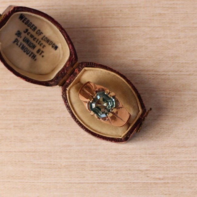 Edwardian 10k Rose Gold and Blue Zircon Ring - Clover Collective Antiques