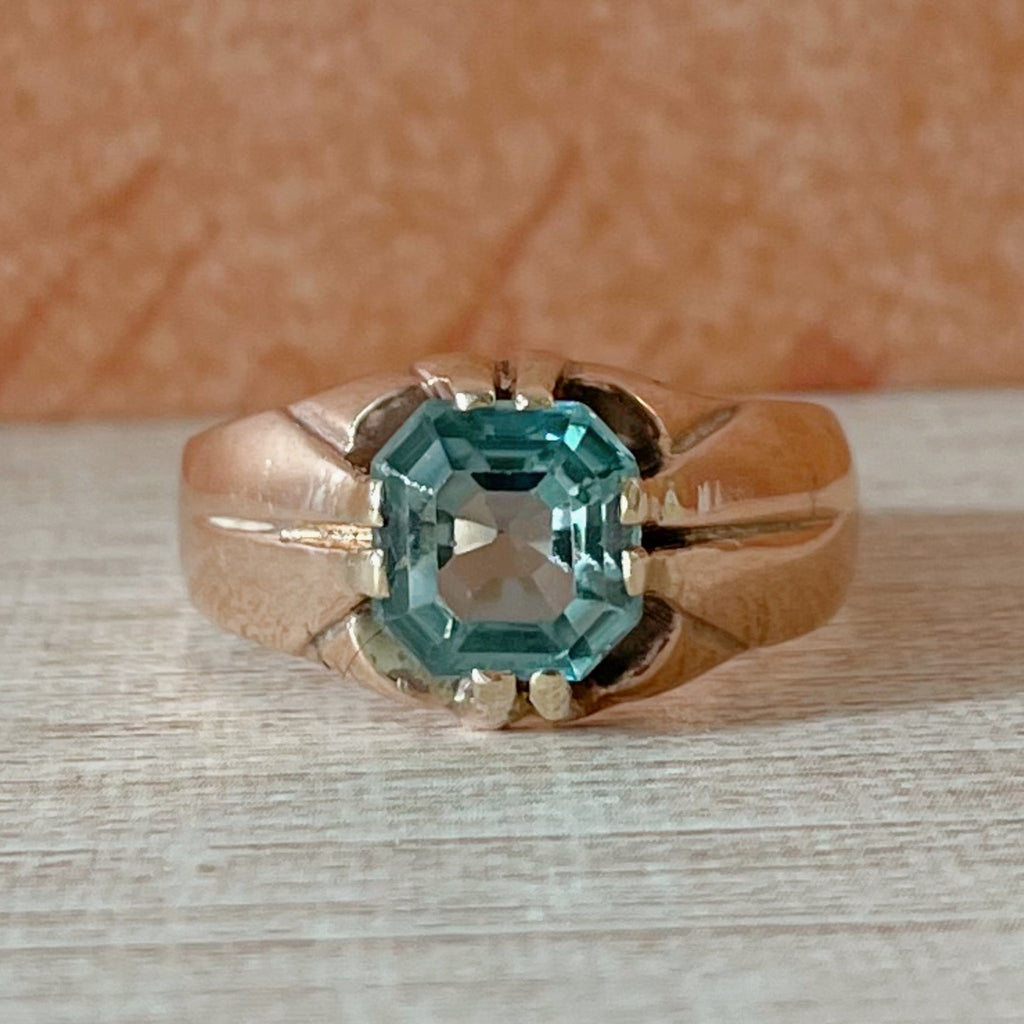 Edwardian 10k Rose Gold and Blue Zircon Ring - Clover Collective Antiques