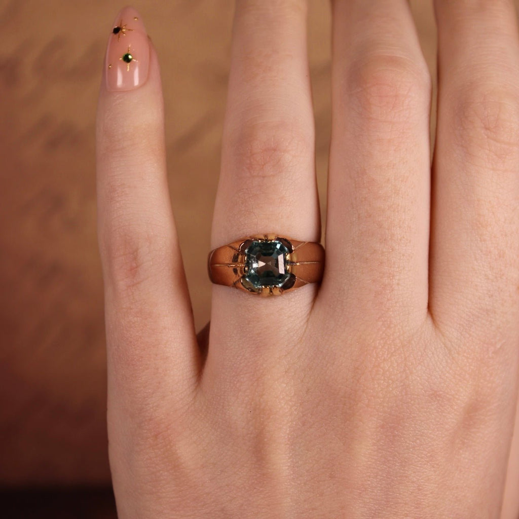 Edwardian 10k Rose Gold and Blue Zircon Ring - Clover Collective Antiques