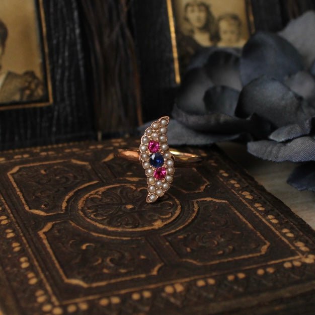 Edwardian 10k Rose Gold Sapphire, Ruby, and Pearl Ring - Clover Collective Antiques