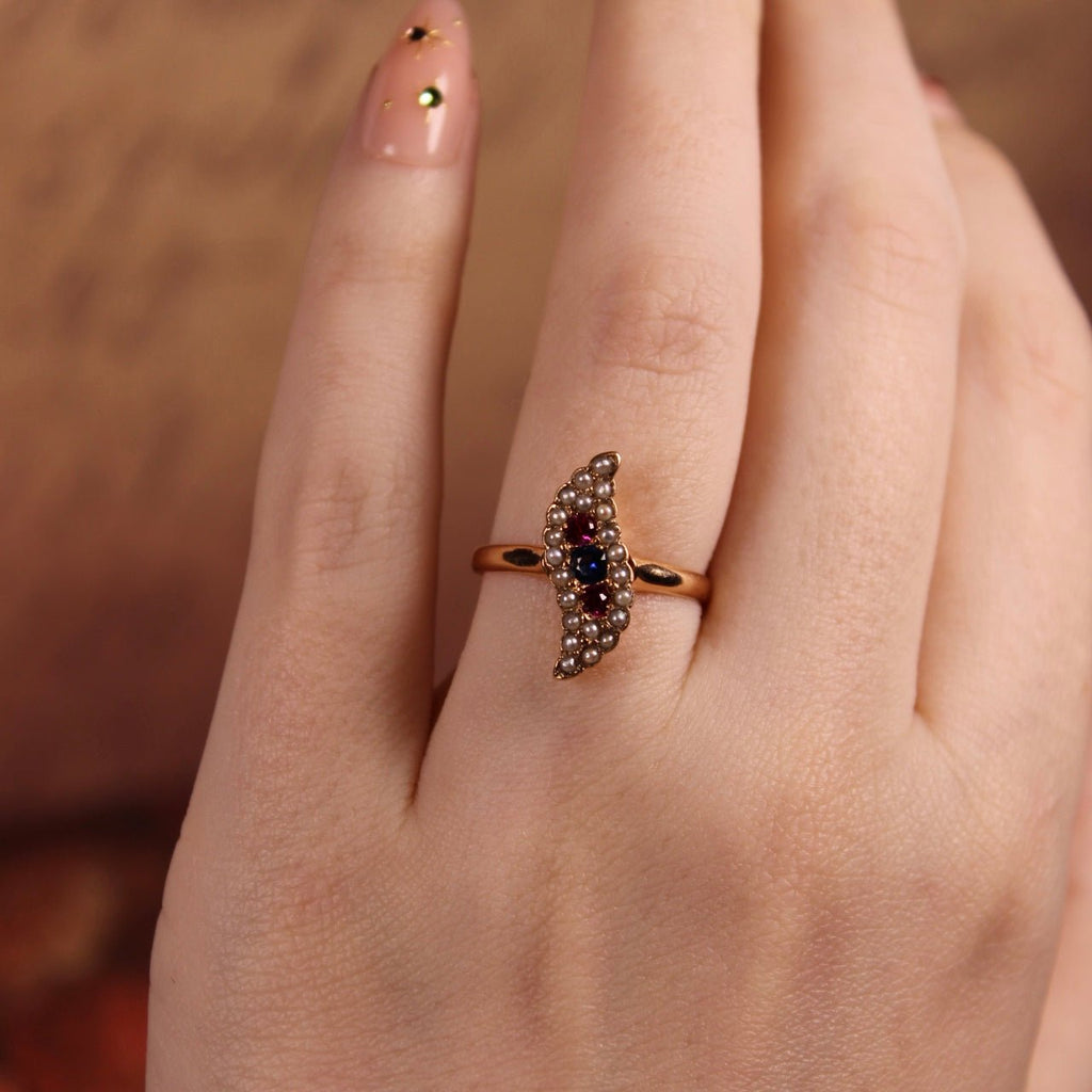 Edwardian 10k Rose Gold Sapphire, Ruby, and Pearl Ring - Clover Collective Antiques