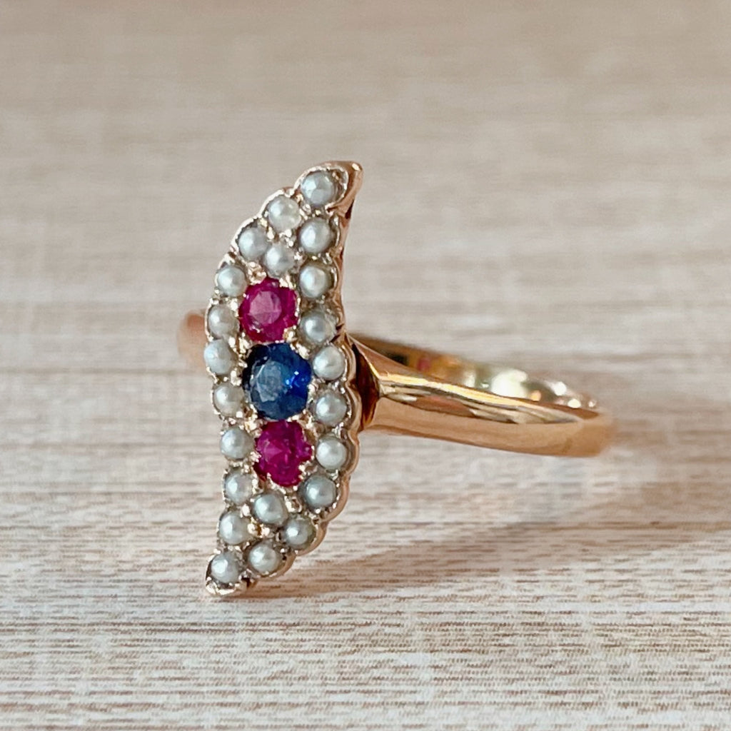 Edwardian 10k Rose Gold Sapphire, Ruby, and Pearl Ring - Clover Collective Antiques