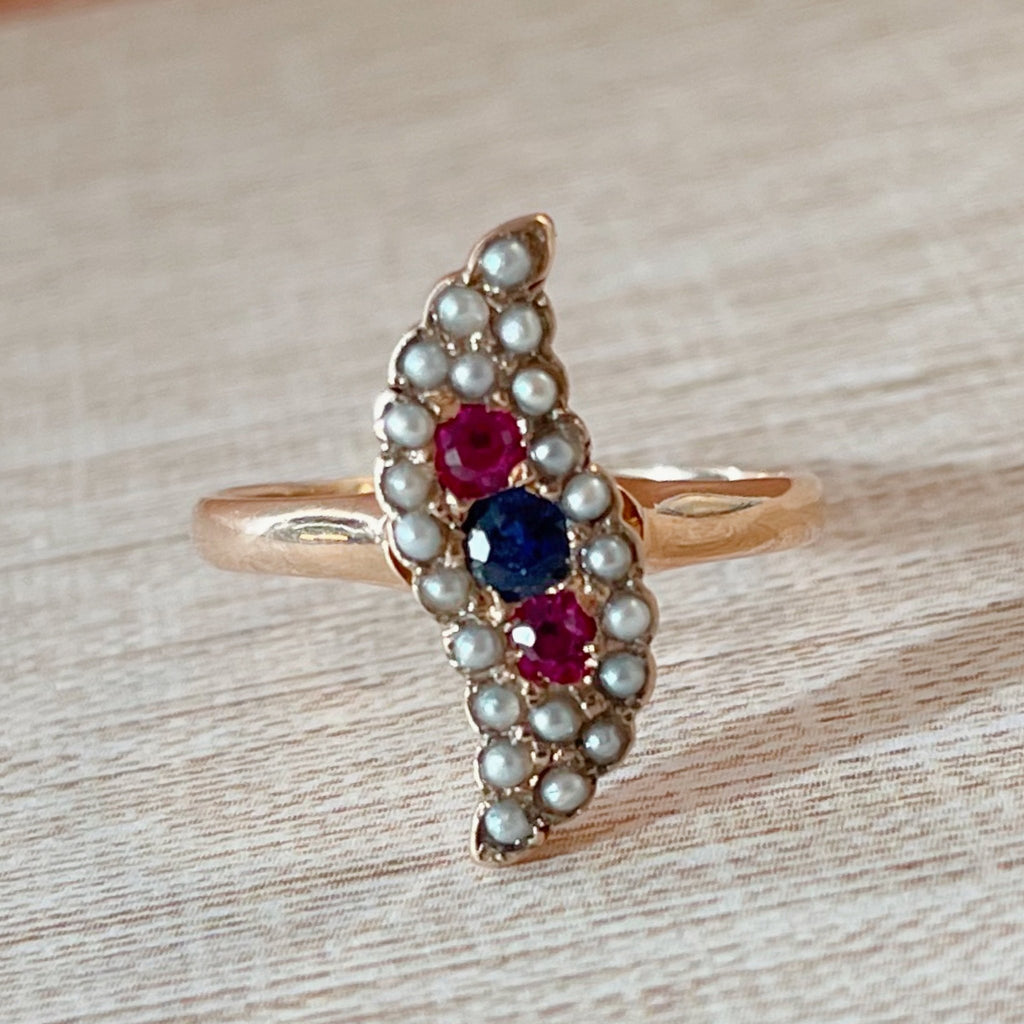 Edwardian 10k Rose Gold Sapphire, Ruby, and Pearl Ring - Clover Collective Antiques