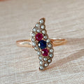 Edwardian 10k Rose Gold Sapphire, Ruby, and Pearl Ring - Clover Collective Antiques