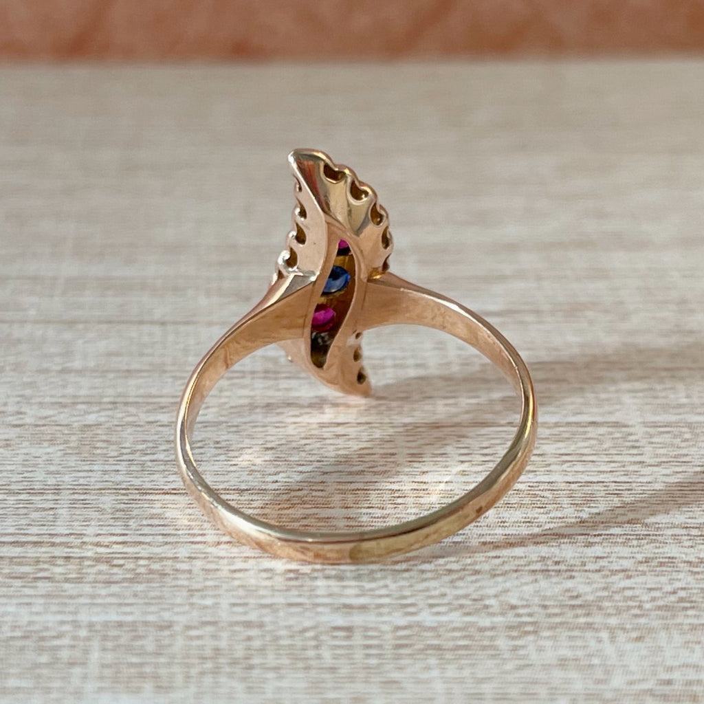 Edwardian 10k Rose Gold Sapphire, Ruby, and Pearl Ring - Clover Collective Antiques
