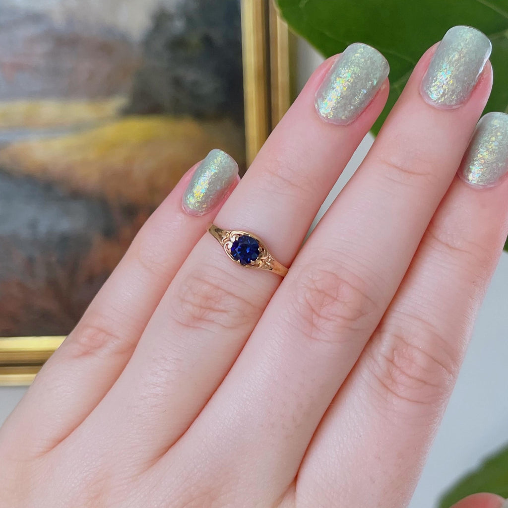 Edwardian 10k Rose Gold Synthetic Sapphire Ring - Clover Collective Antiques