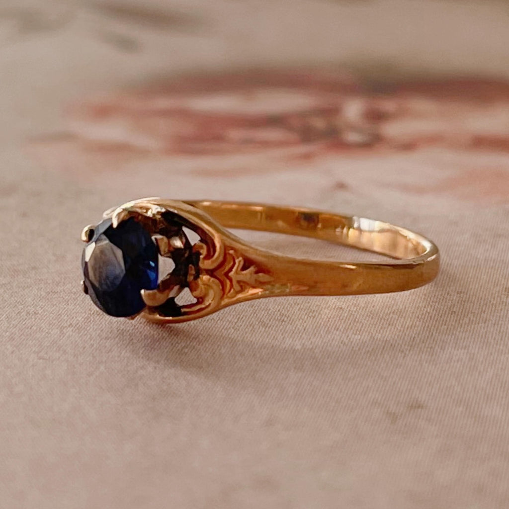 Edwardian 10k Rose Gold Synthetic Sapphire Ring - Clover Collective Antiques