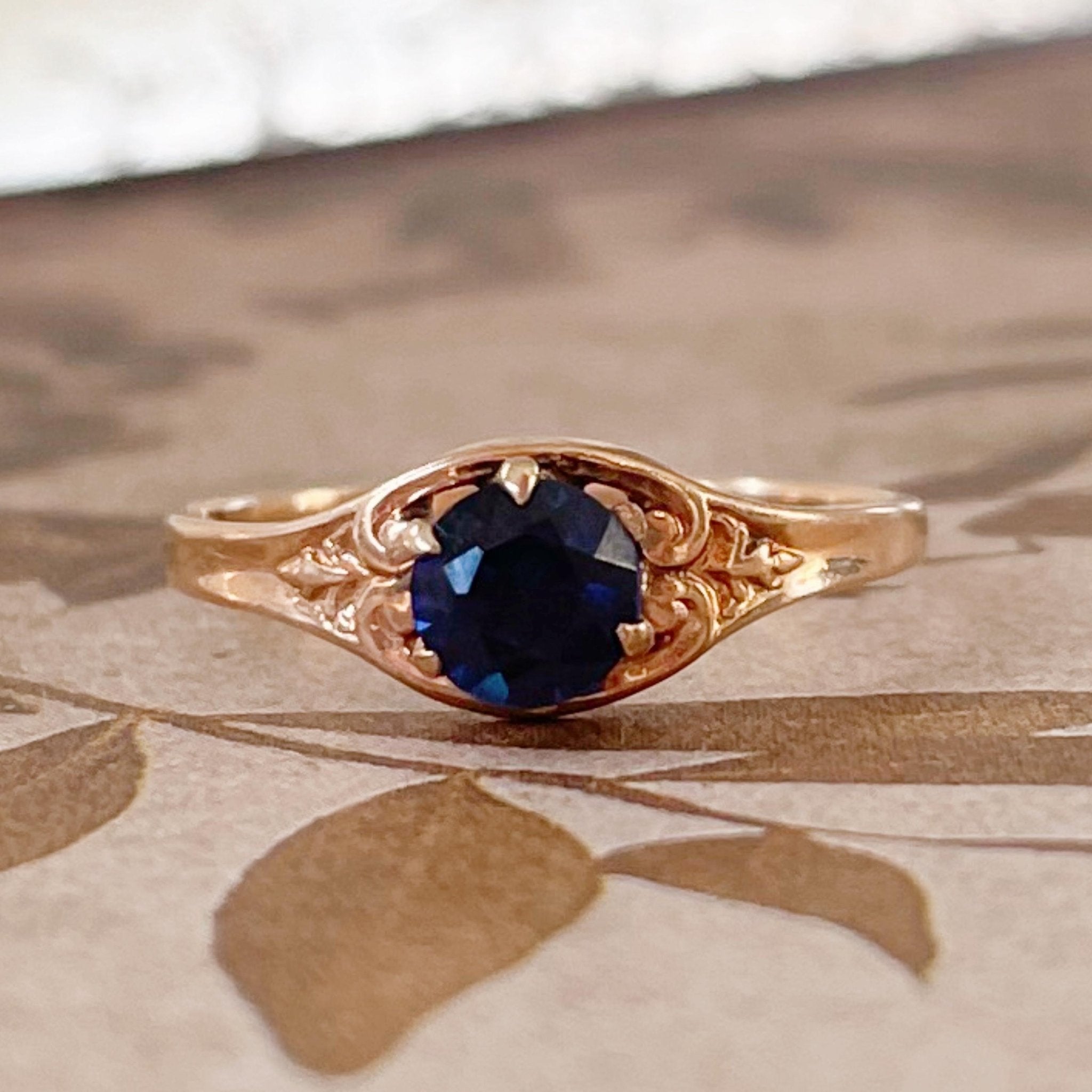 Edwardian 10k Rose Gold Synthetic Sapphire Ring - Clover Collective Antiques