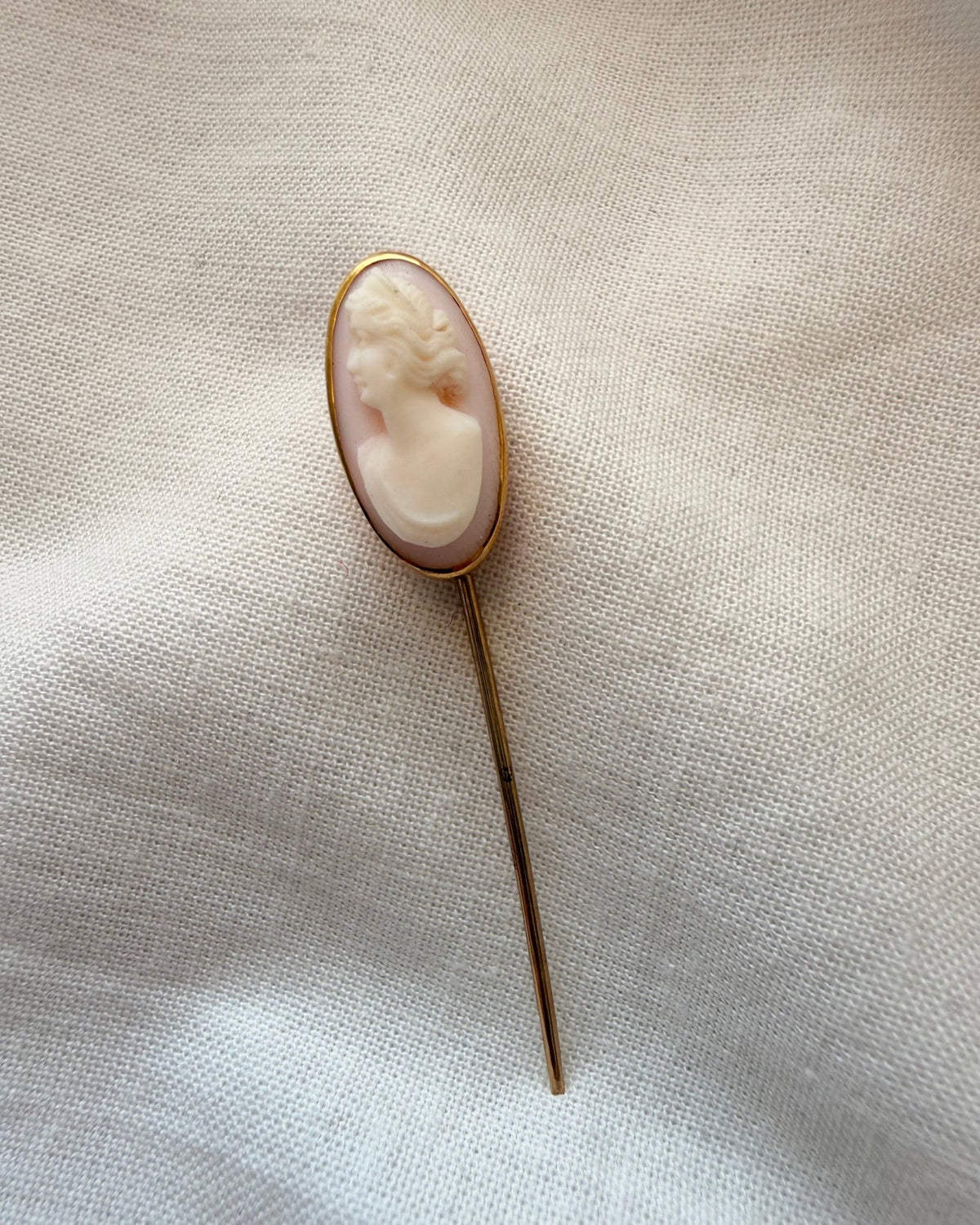 Edwardian 10k Yellow Gold and Coral Cameo Stickpin - Clover Collective Antiques