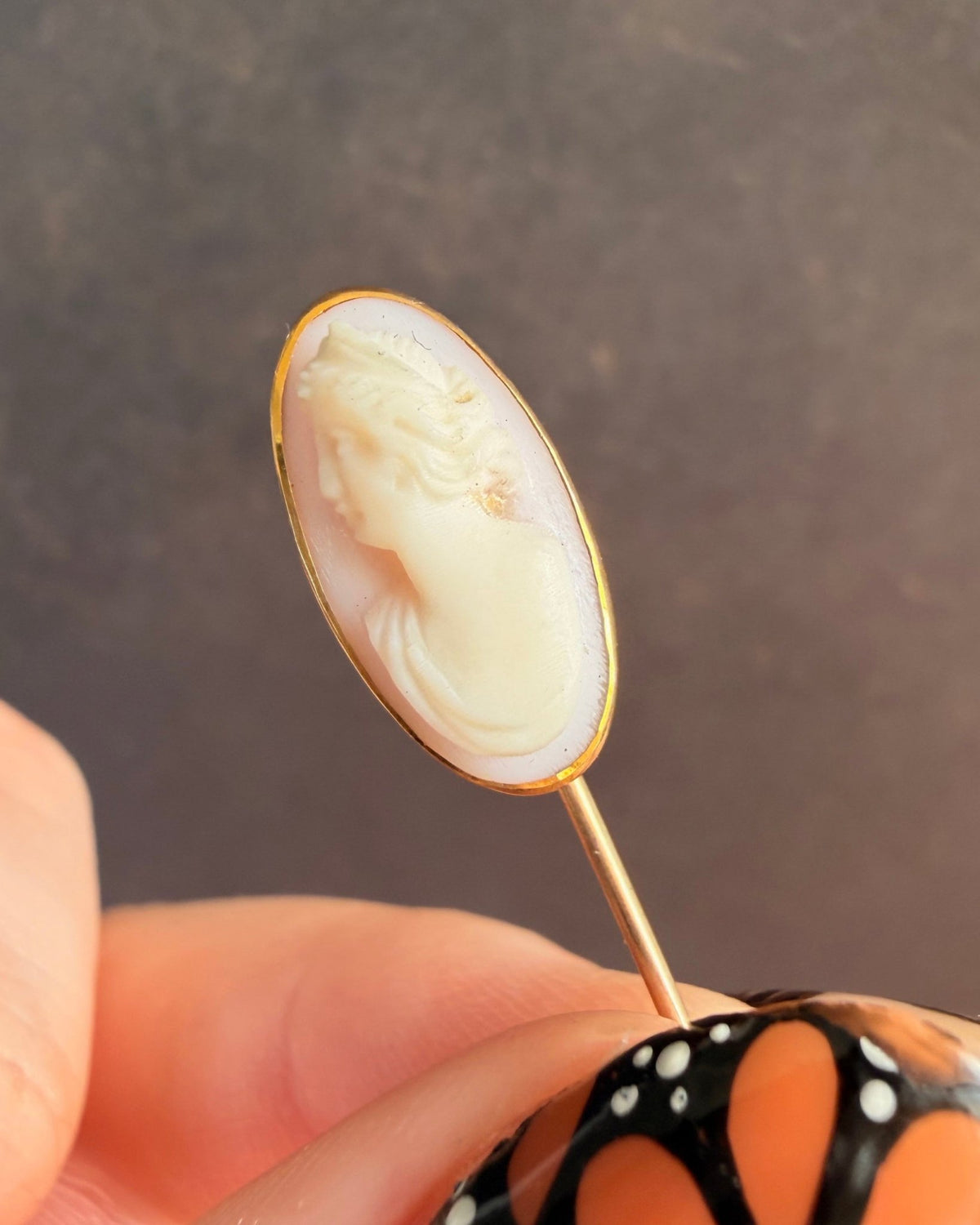 Edwardian 10k Yellow Gold and Coral Cameo Stickpin - Clover Collective Antiques