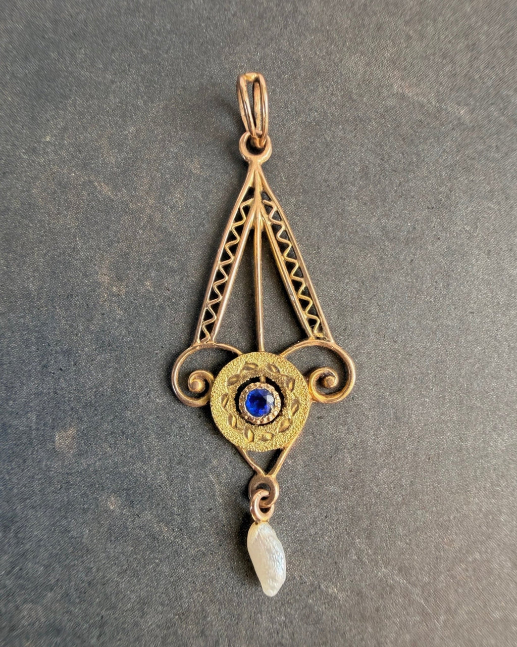 Edwardian 10k Yellow Gold, Blue Glass, and Pearl Lavalier Pendant - Clover Collective Antiques