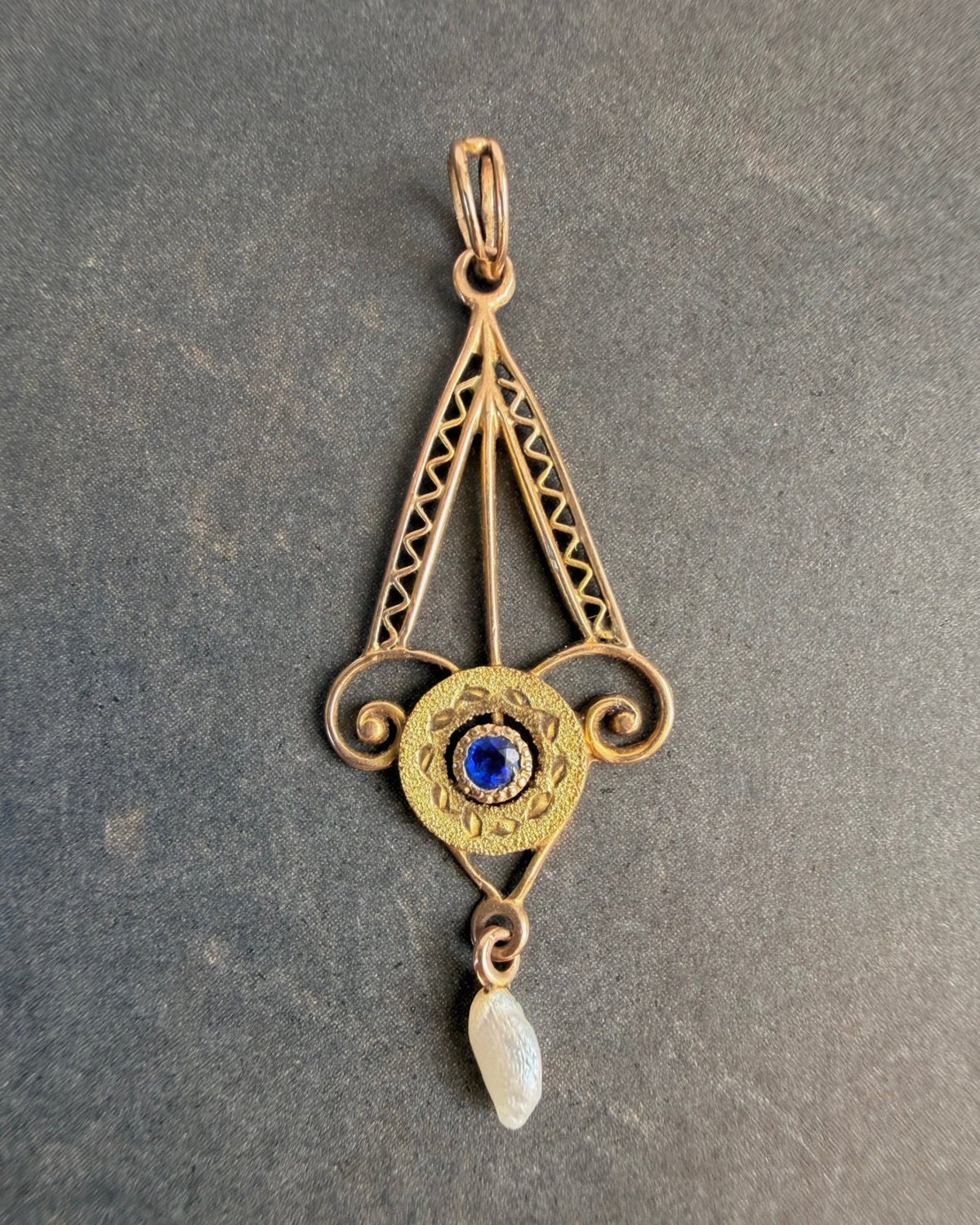 Edwardian 10k Yellow Gold, Blue Glass, and Pearl Lavalier Pendant - Clover Collective Antiques