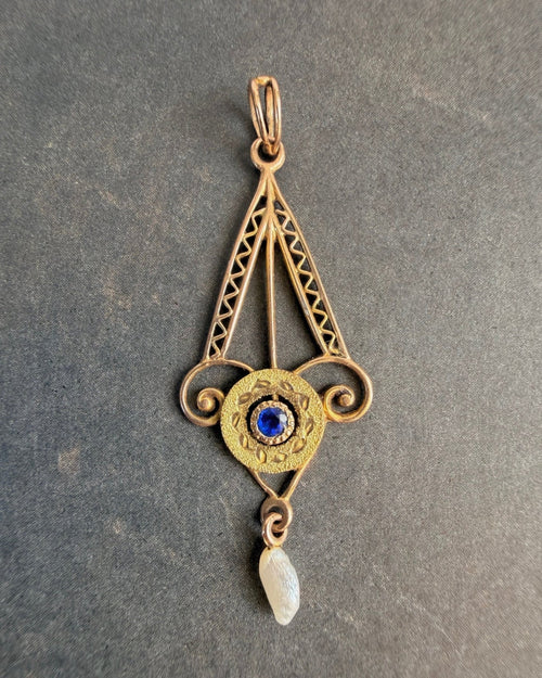 Edwardian 10k Yellow Gold, Blue Glass, and Pearl Lavalier Pendant - Clover Collective Antiques