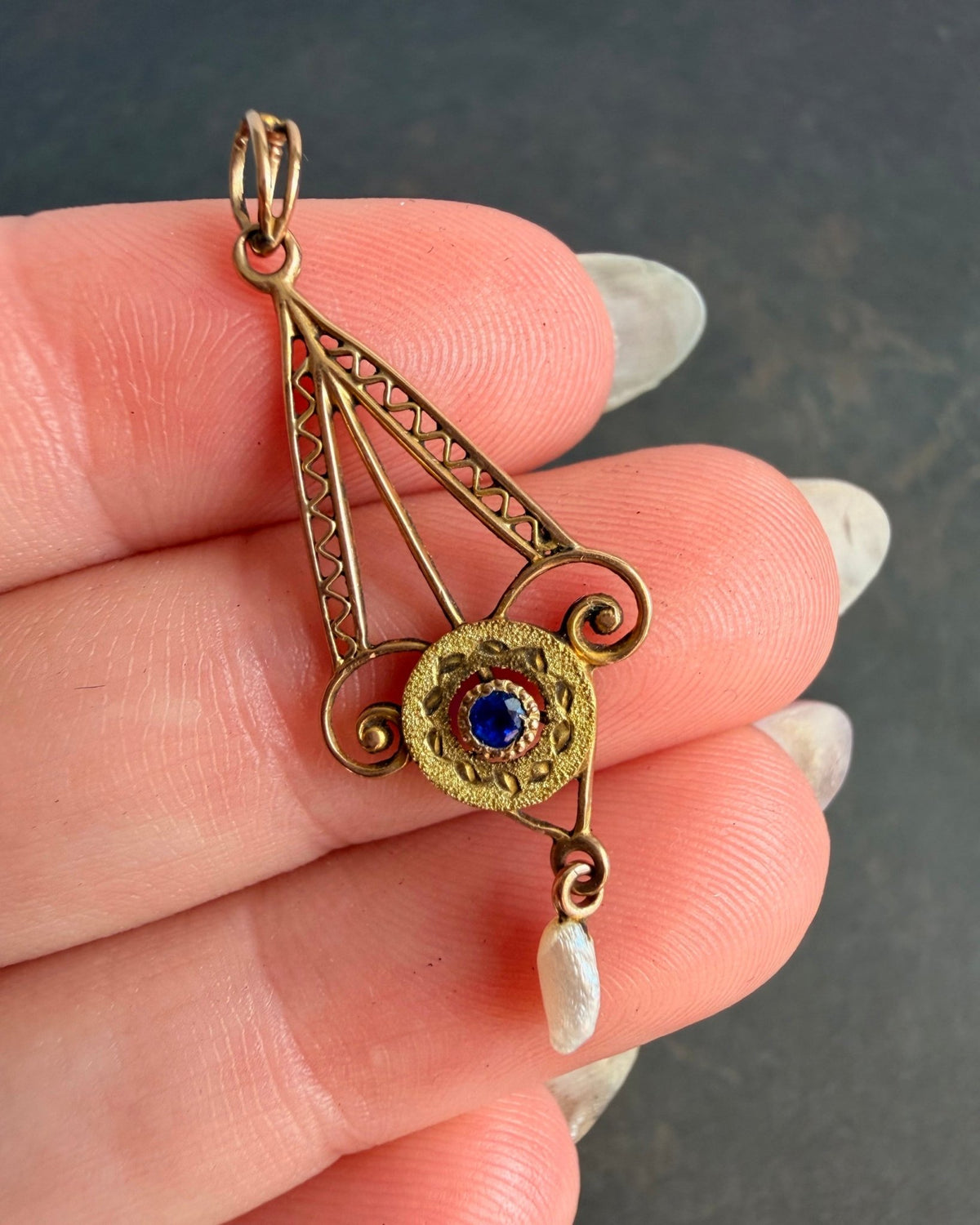 Edwardian 10k Yellow Gold, Blue Glass, and Pearl Lavalier Pendant - Clover Collective Antiques