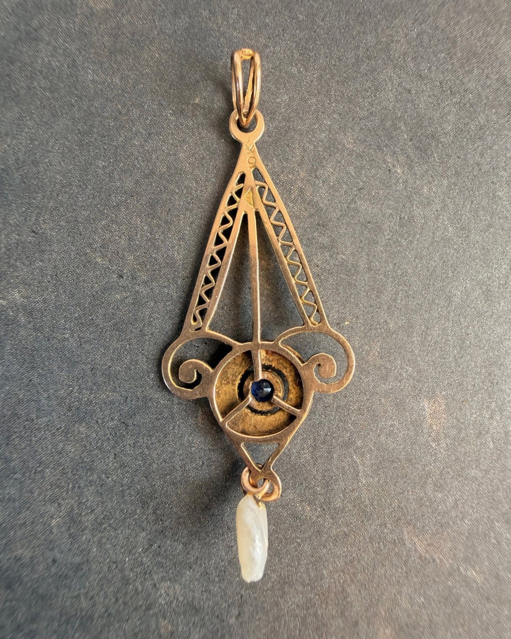 Edwardian 10k Yellow Gold, Blue Glass, and Pearl Lavalier Pendant - Clover Collective Antiques